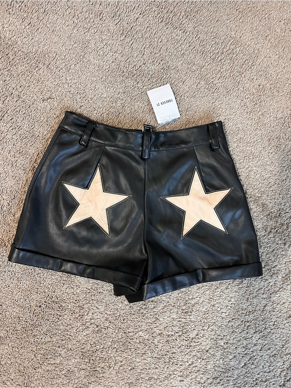 Forever 21 Black Faux Leather Star Shorts Y2K Western Moto Size S NWT